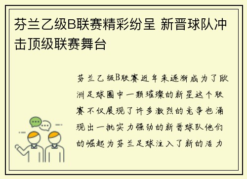 芬兰乙级B联赛精彩纷呈 新晋球队冲击顶级联赛舞台