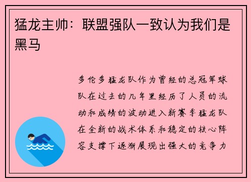 猛龙主帅：联盟强队一致认为我们是黑马