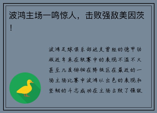 波鸿主场一鸣惊人，击败强敌美因茨！